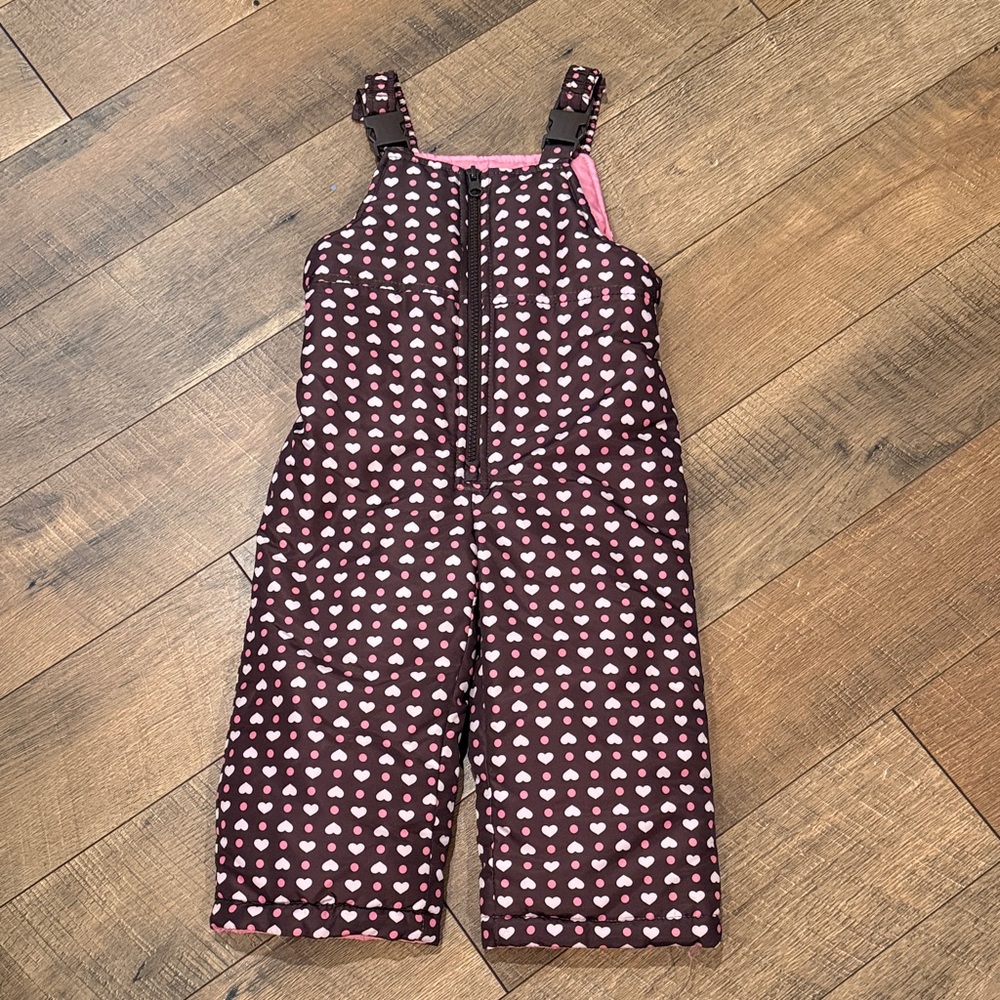 London Fog Pink and Brown Hearts Kids Snow Overalls